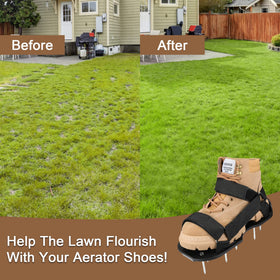 ROSGEL aerator shoes in use while walking on a lawn