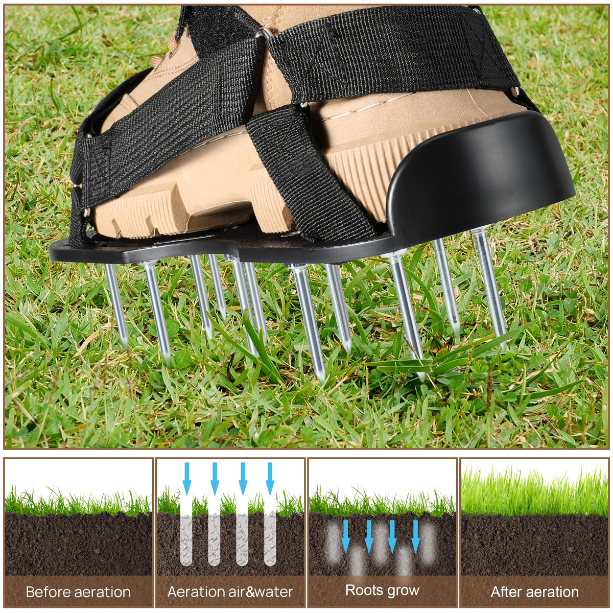ROSGEL aerator shoes secured with a three-strap system on terrain