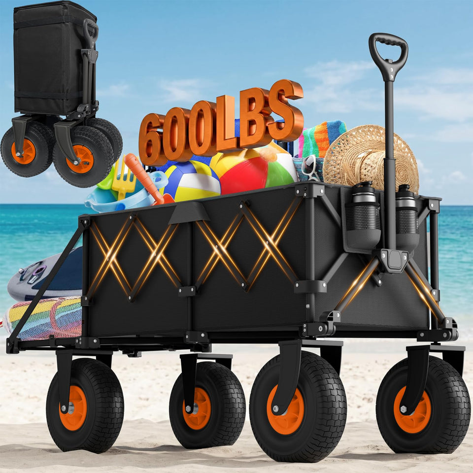 ROSONG Beach Wagon with 10-inch wheels gliding over sand for easy beach transport.