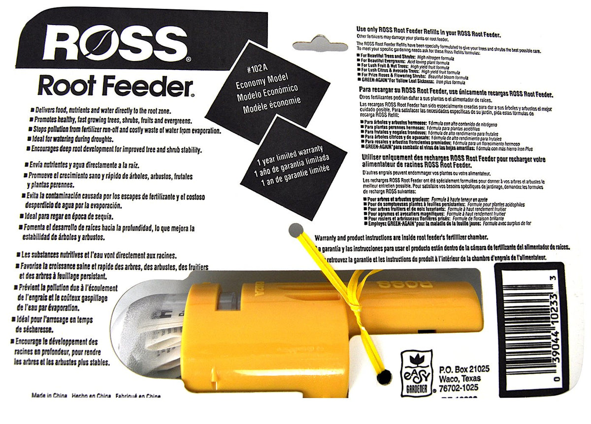 Ross Root Feeder 102A dripline application reduces surface runoff and evaporation.