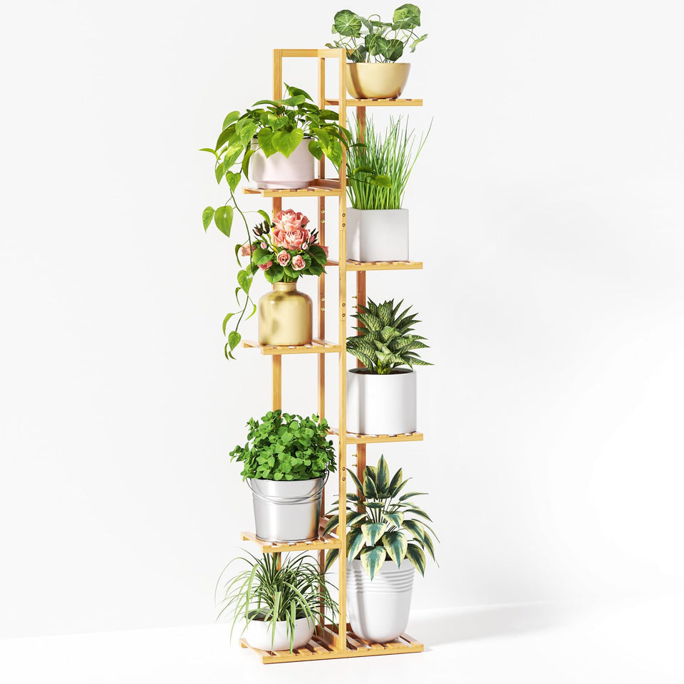 ROSSNY 55-inch tall plant stand displaying eight pots in a natural bamboo finish.