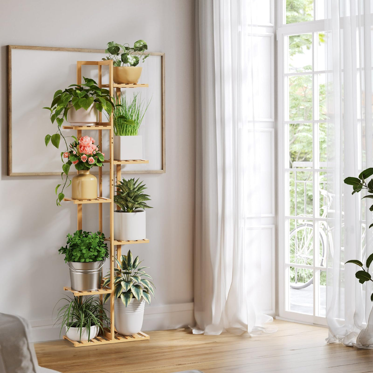 ROSSNY indoor corner plant display maximizes corner space for plants.