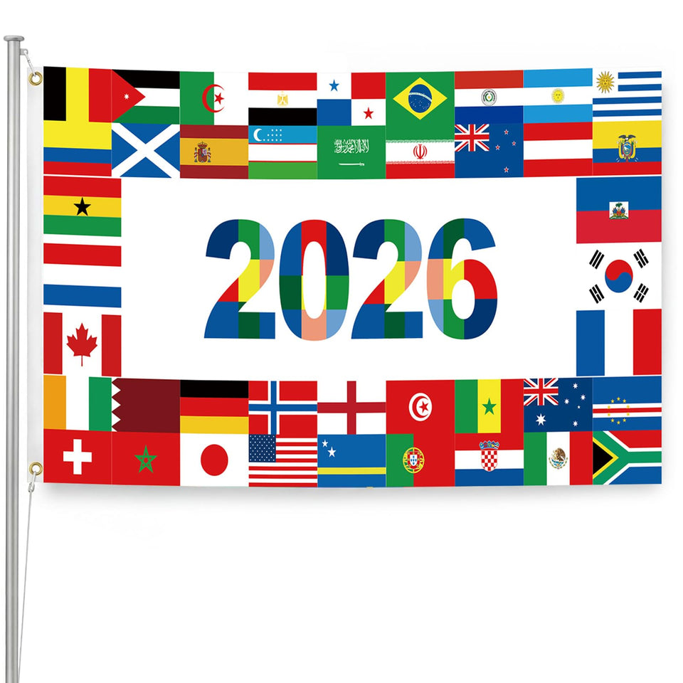 Rosulasi World Cup Flag 2026 central banner displays global soccer flags for festive gatherings.
