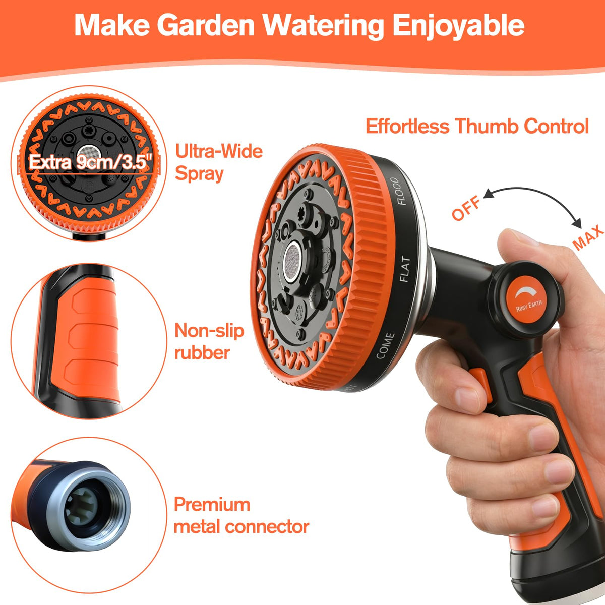 Rosy Earth nozzle showing eight modes for versatile cleaning and watering tasks.