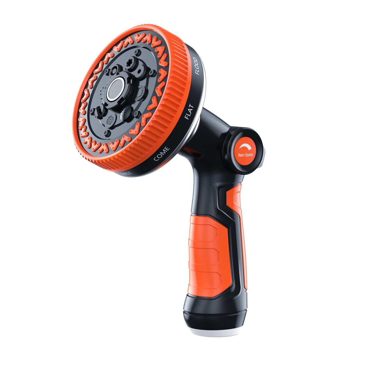 Rosy Earth garden hose nozzle with ultra-wide spray for broad coverage in gardens.