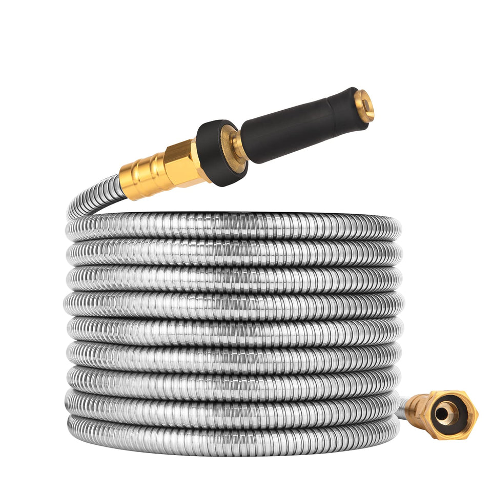 Rosy Earth metal garden hose 25 ft outer shell illustrates durable stainless steel build for longevity