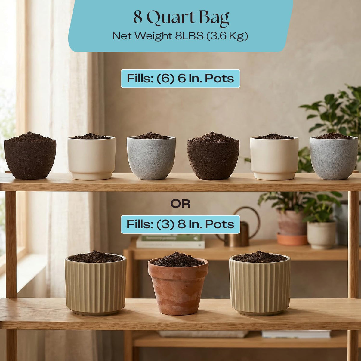 Rosy Soil 8-quart bag on shelf for multiple plants ready to use