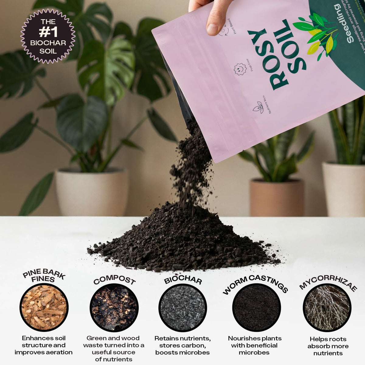 Rosy Soil biochar root boost visual emphasizing stronger root development