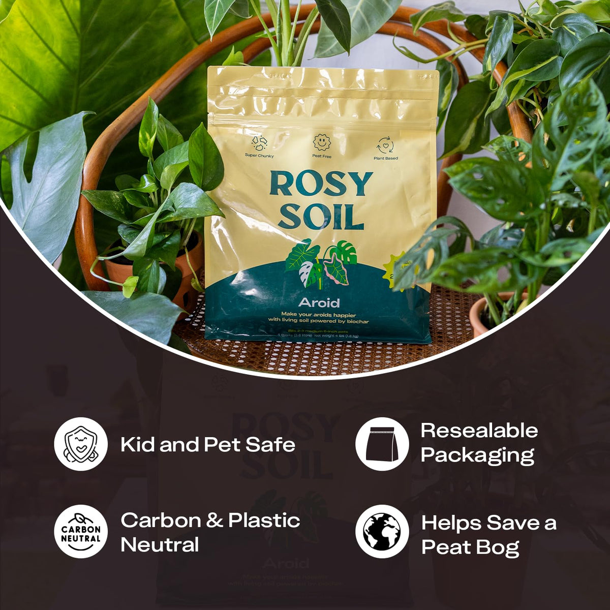 Rosy Soil four-quart bag suits regular indoor plant care