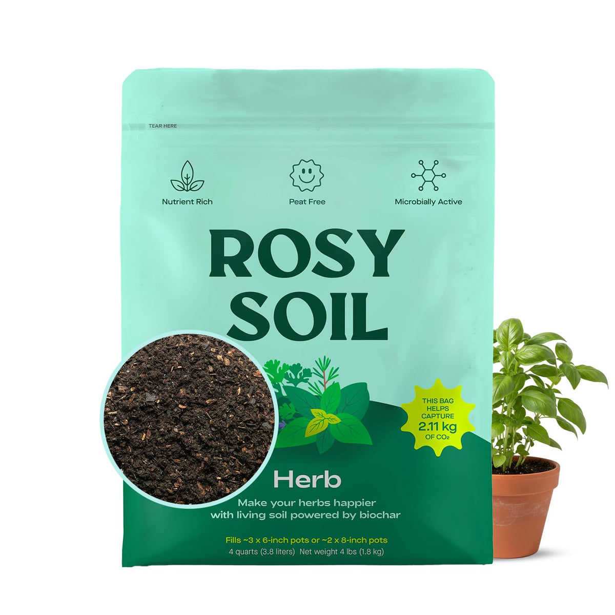 Rosy Soil Herb Mix bag front showing peat-free formula for thriving herbs.