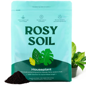 Rosy Soil indoor potting soil bag showing peat-free mix for thriving houseplants
