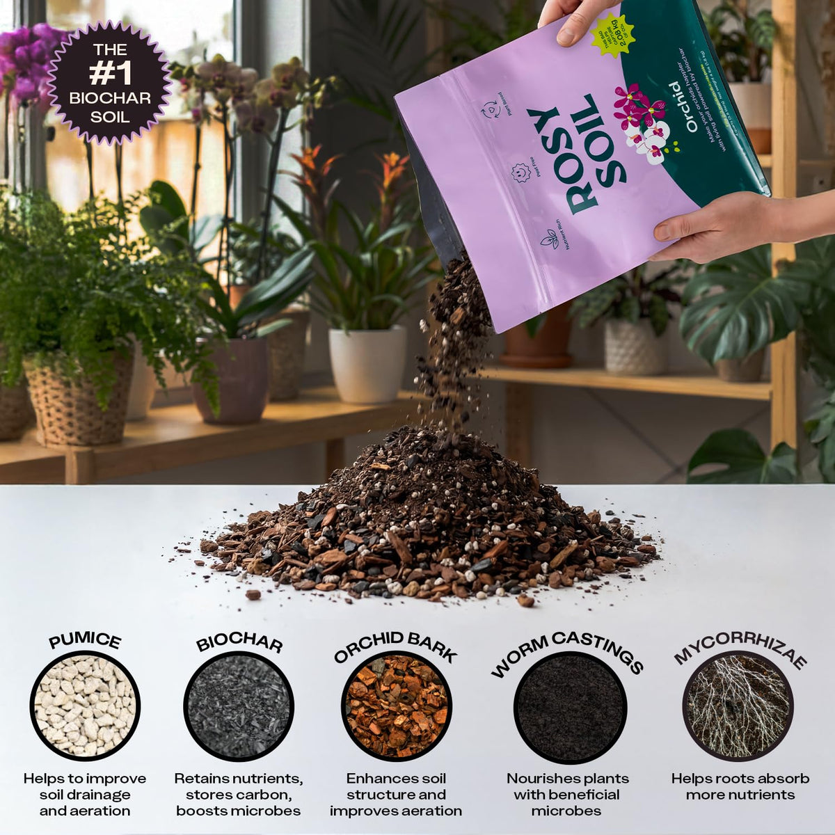 Rosy Soil Orchid Potting Mix shows rich color and texture for easy gardening