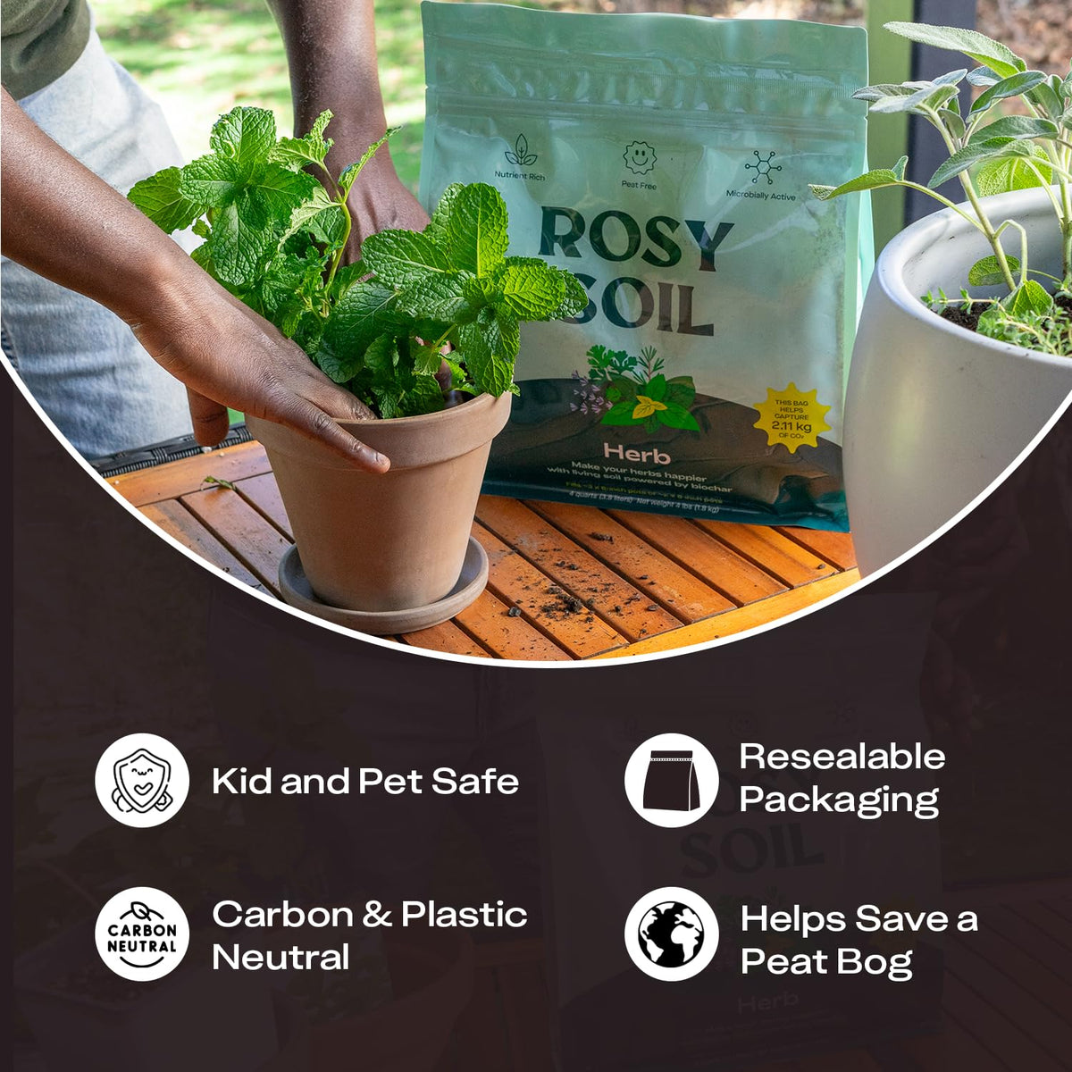 Rosy Soil peat-free sustainability supports eco-friendly herb gardening.