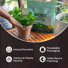 Rosy Soil peat-free sustainability supports eco-friendly herb gardening.