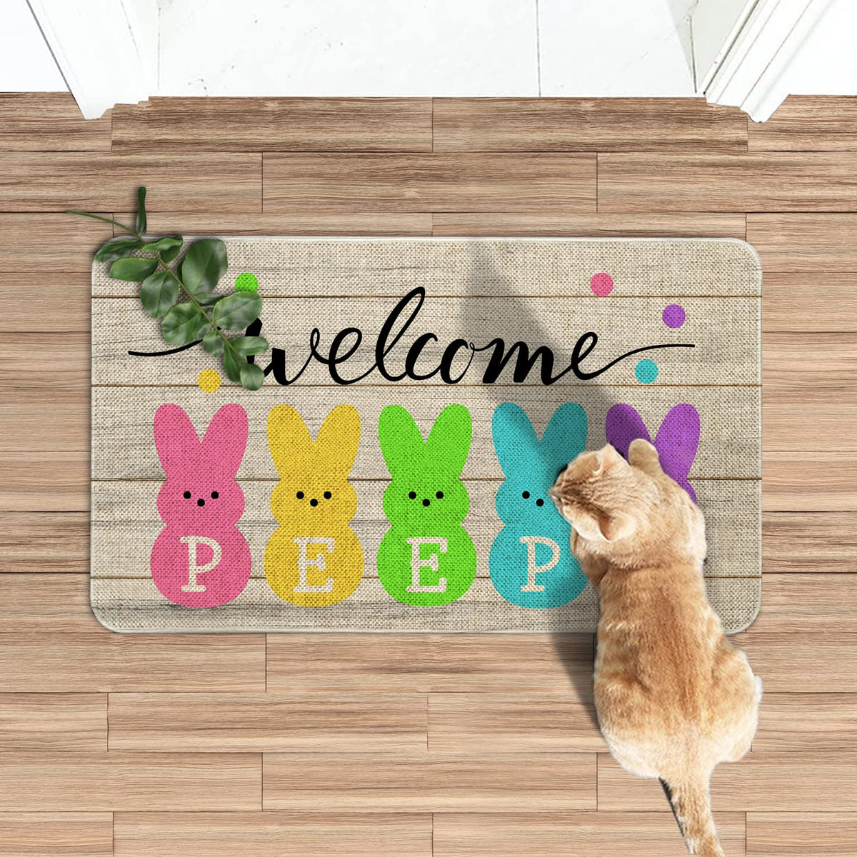 Roszwtit Easter Door Mat captures dirt and debris with a high-surface linen top.