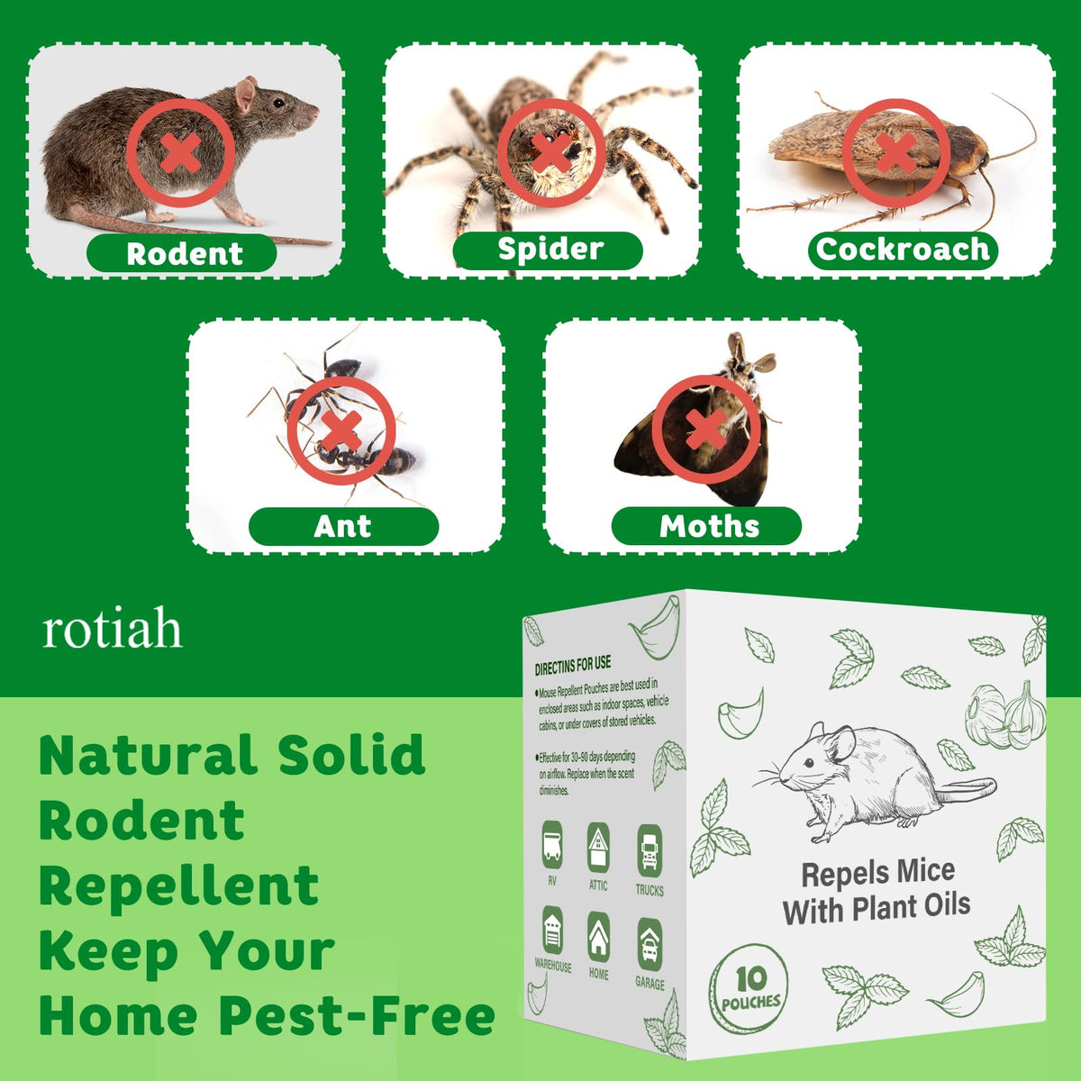 ROTIAH strong mint scent dispersion helps deter mice and other pests.