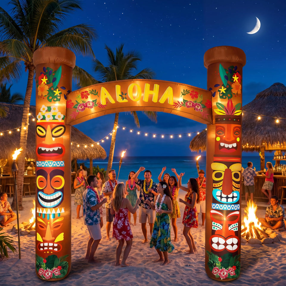 RoundFunny 8.5ft tiki archway with LED lights for festive outdoor luau entrances.