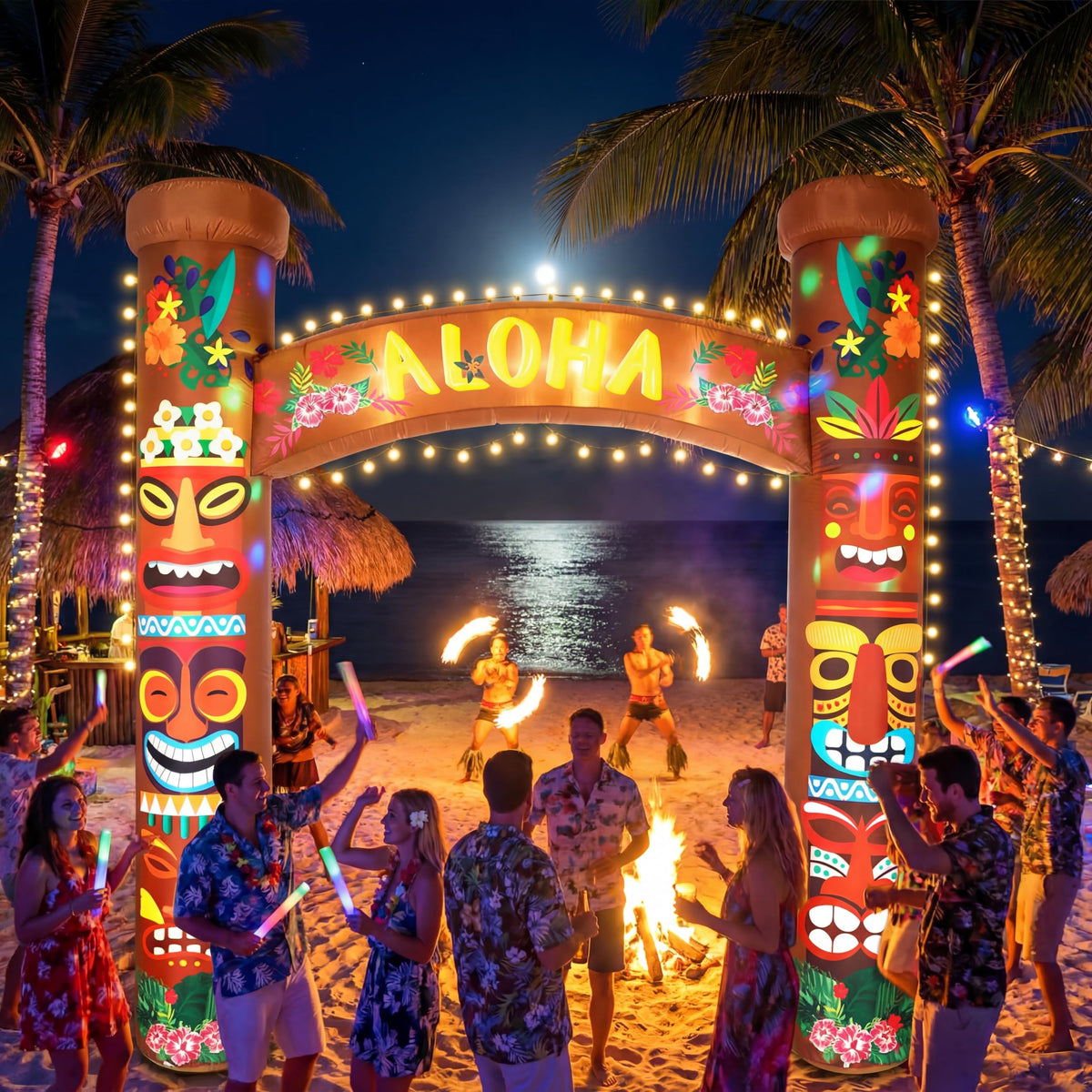 RoundFunny Hawaiian inflatable tiki archway adds a bold focal point to outdoor celebrations.