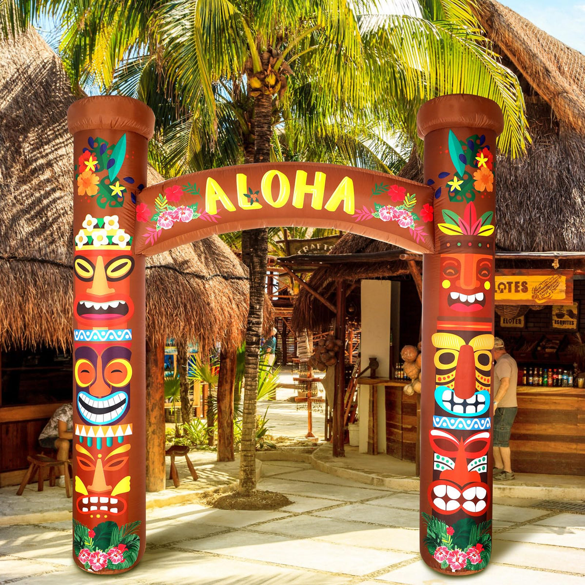 RoundFunny lawn tiki arch enhances yard party appeal for poolside gatherings.