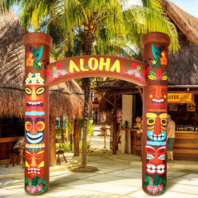 RoundFunny lawn tiki arch enhances yard party appeal for poolside gatherings.