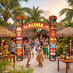 RoundFunny patio beach party tiki arch draws guests to the entry.