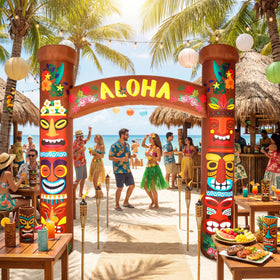 RoundFunny tropical entrance arch welcomes guests to your outdoor celebration.