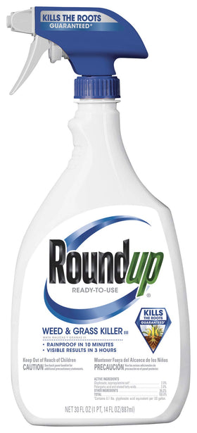 Roundup 5003410 bottle front view showing ready-to-use weed control for lawns.
