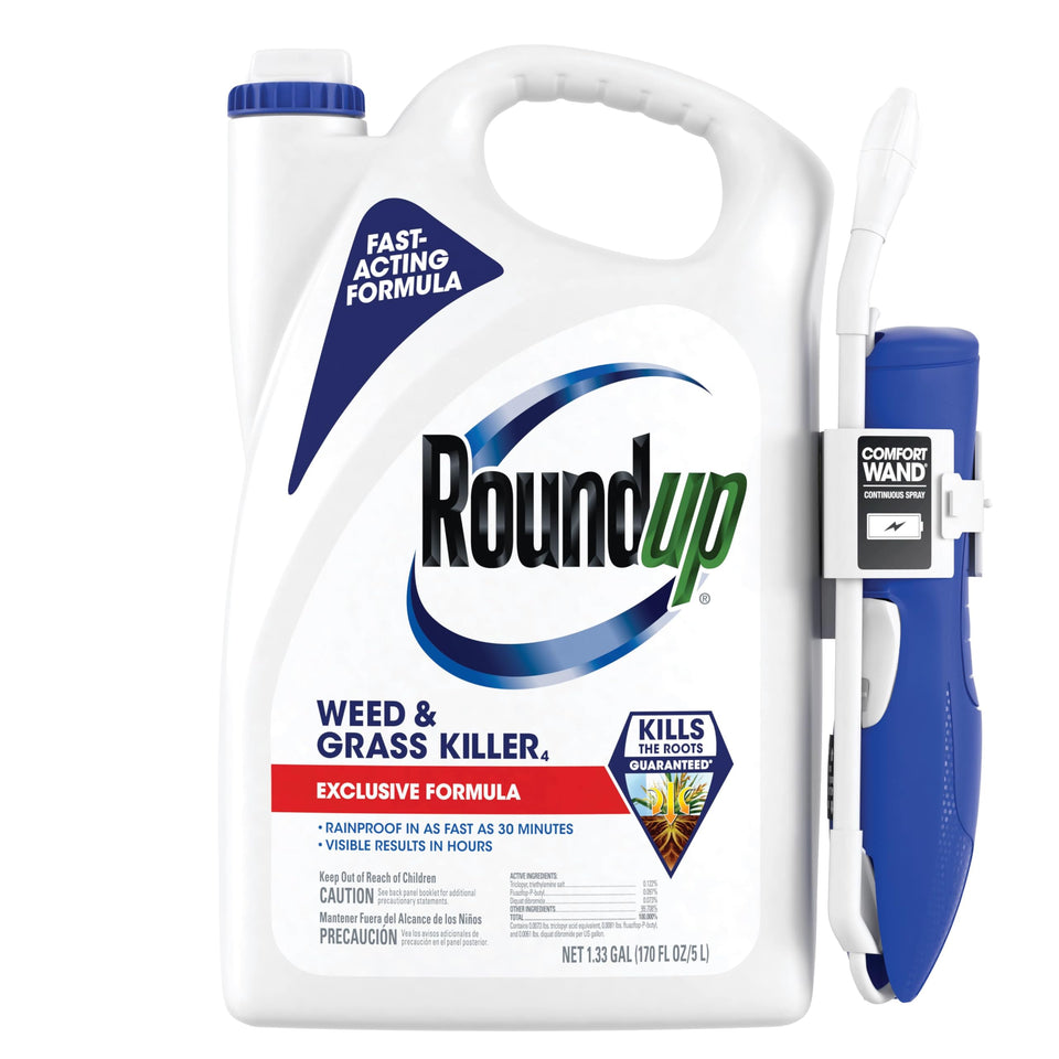 Roundup Weed Killer bottle front for easy outdoor weed control.