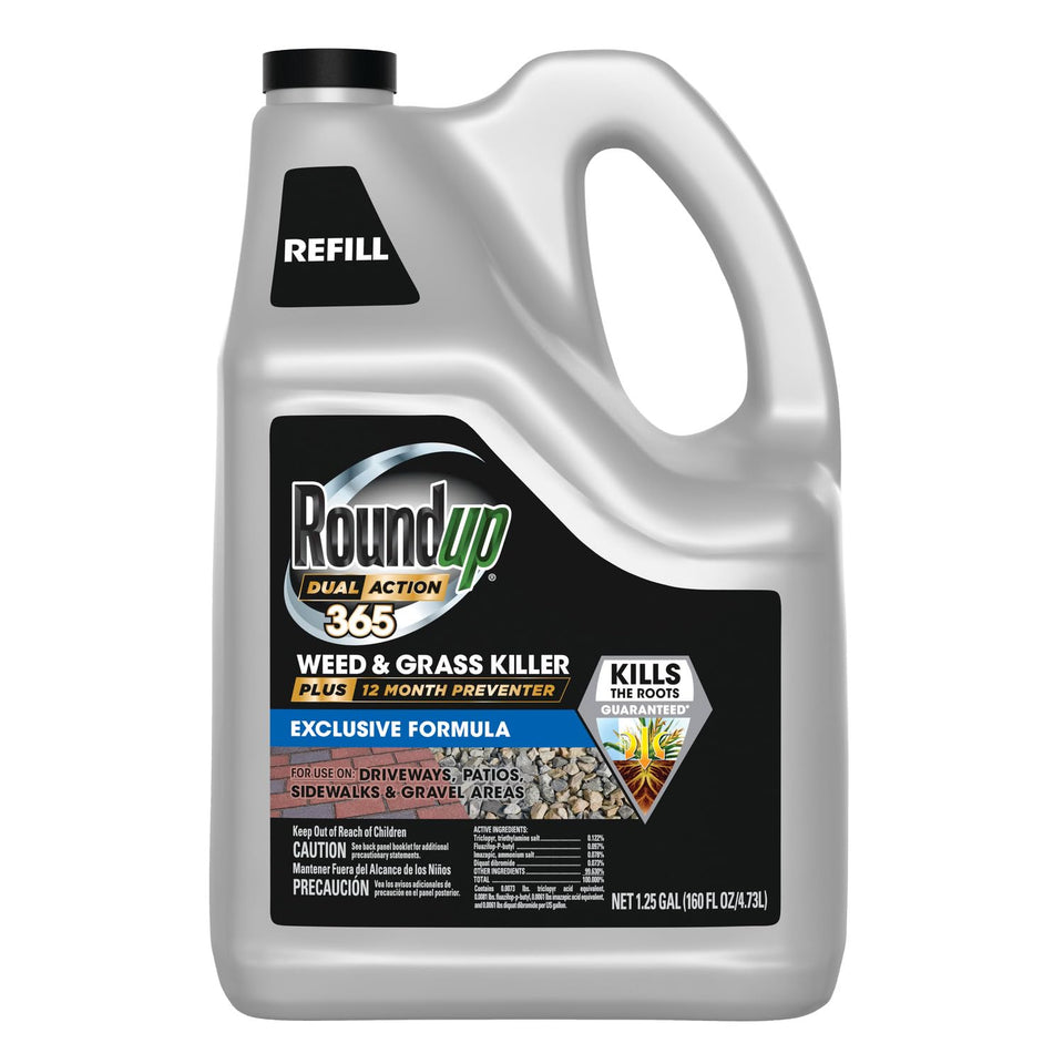 Roundup Dual Action 365 bottle pour demonstrates easy refilling for quick weed control