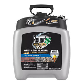 Roundup Dual Action 365 bottle on driveway showing 12-month weed prevention.