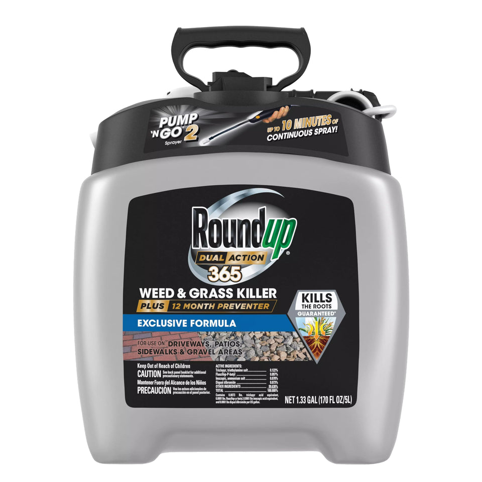 Roundup Dual Action 365 bottle on driveway showing 12-month weed prevention.