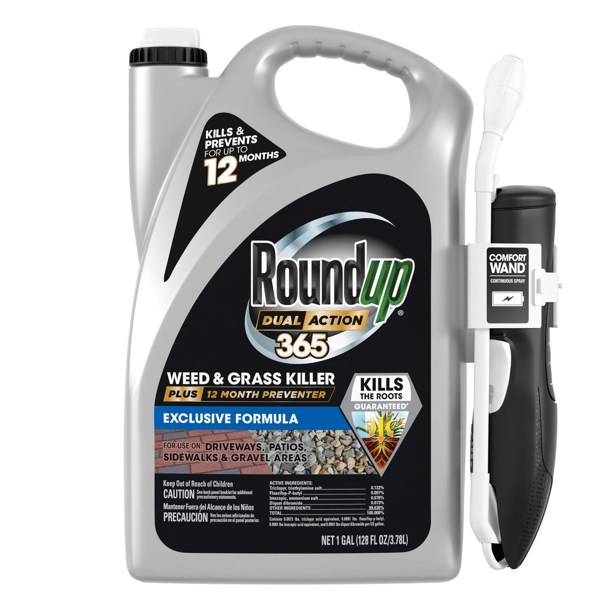 Roundup Dual Action 365 weed killer bottle shows long-lasting weed control.