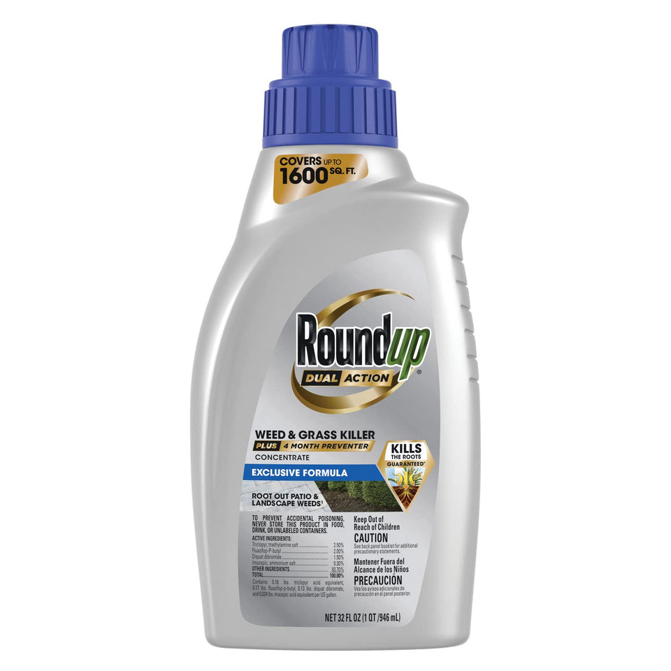 Roundup Dual Action Concentrate bottle for deep root weed elimination.