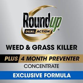 Roundup Dual Action Concentrate sprayer application shows targeted weed treatment.
