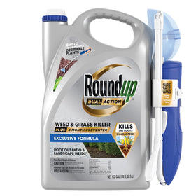Roundup Dual Action weed killer on a driveway showing root-level control and quick action.