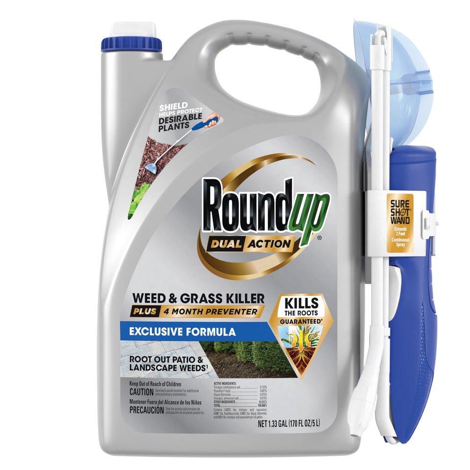 Roundup Dual Action weed killer on a driveway showing root-level control and quick action.