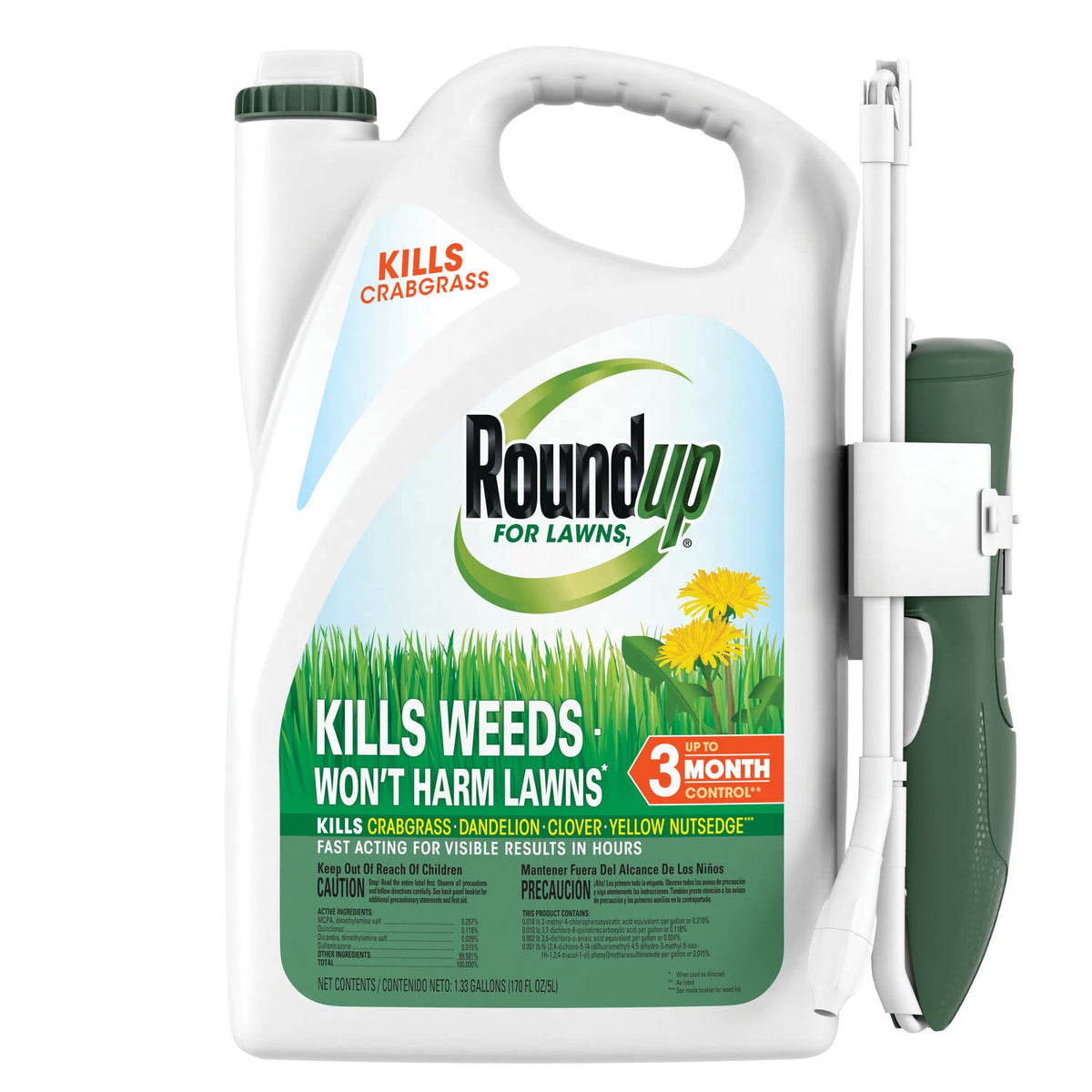 Roundup For Lawns₁ extend wand in use for precise lawn weed targeting.
