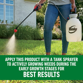 Roundup For Lawns₂ Concentrate mixing with water in a tank sprayer.