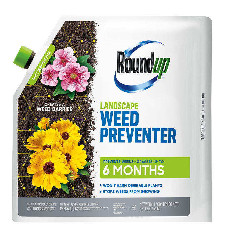 Roundup Landscape Weed Preventer bottle with built-in applicator for even soil coverage