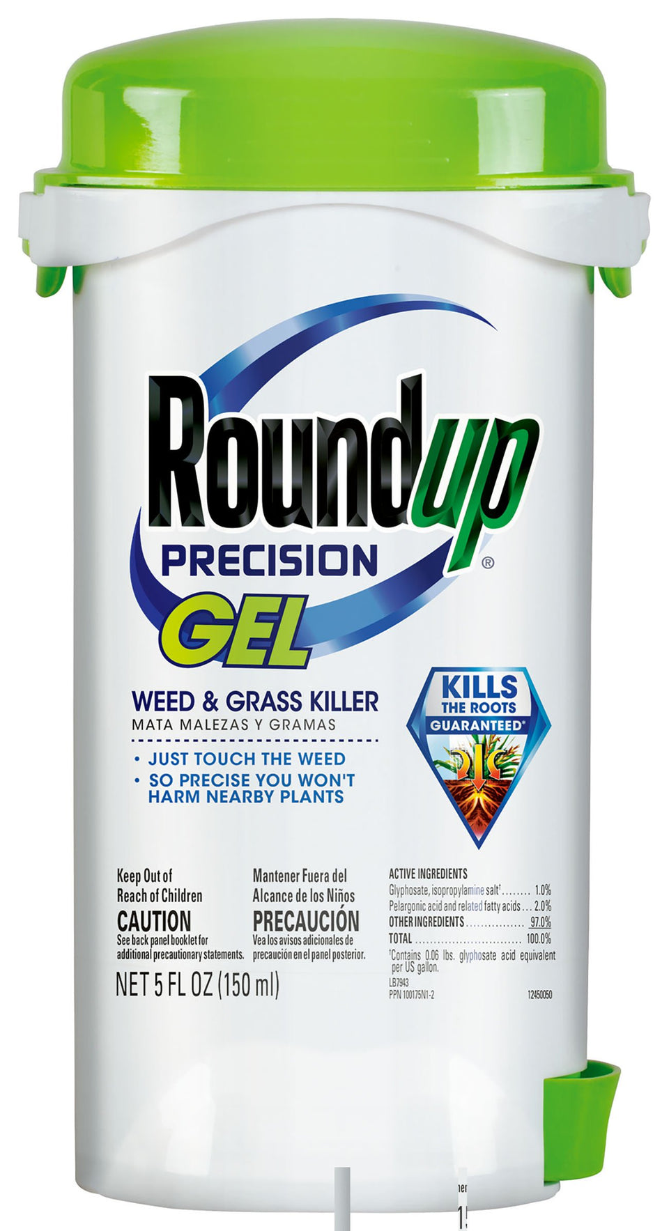 Roundup Precision Gel bottle on table for targeted weed control in gardens.