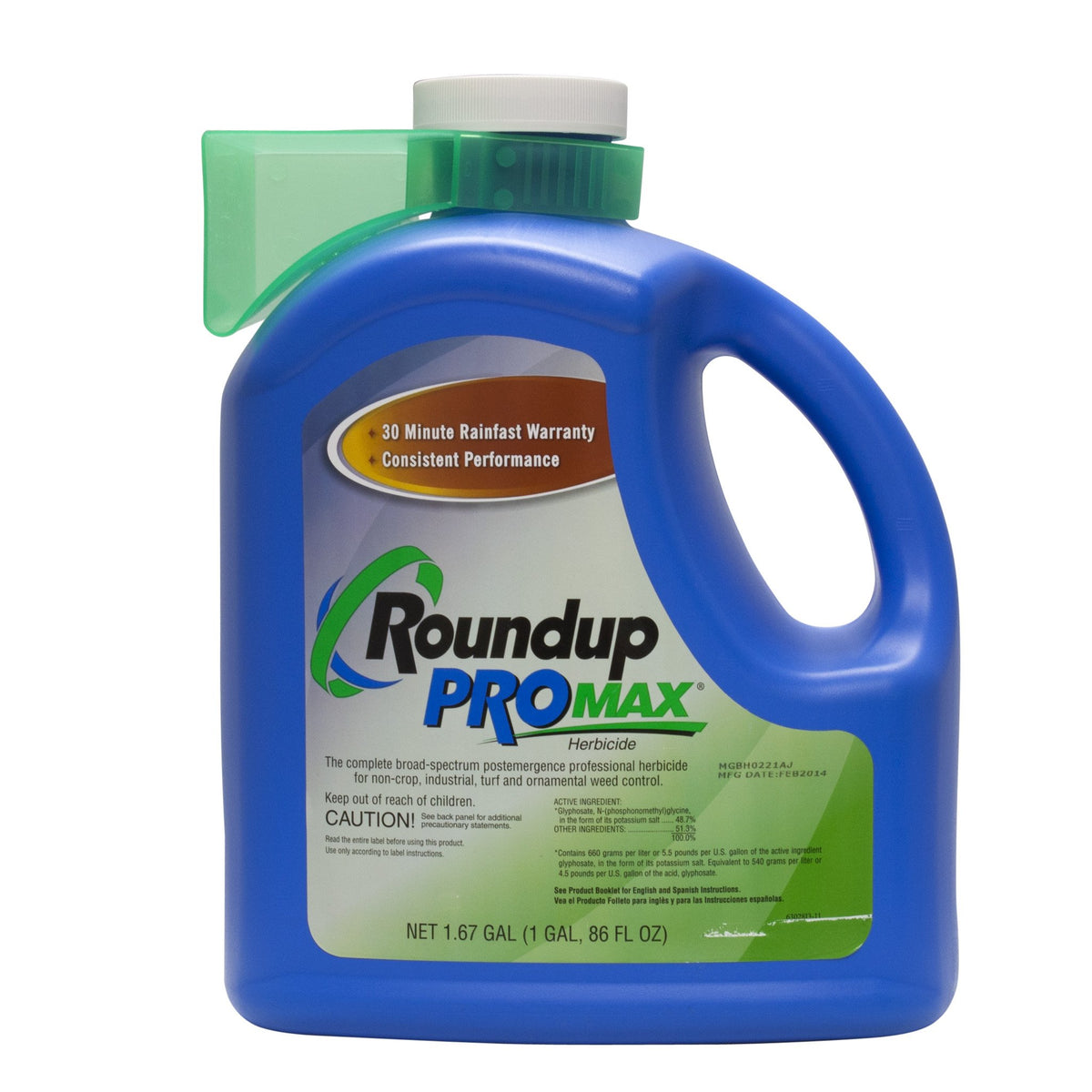 RoundUp ProMAX bottle pour demonstrates rapid weed uptake for effective lawn weed control.