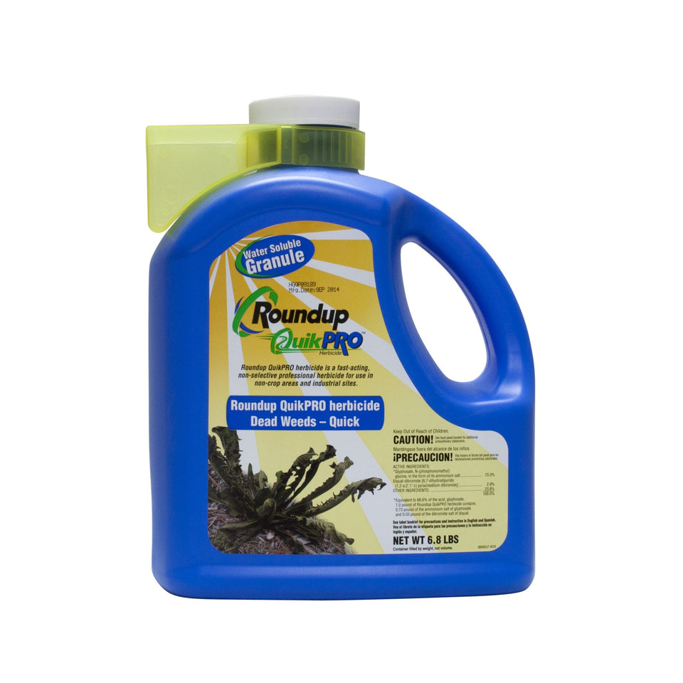 Roundup QuickPro 6.8 lb four-bottle packaging for fast weed control in lawns and landscapes