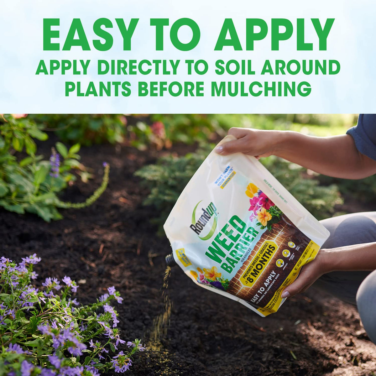 Granules applied around shrubs to form a protective barrier without harming them.