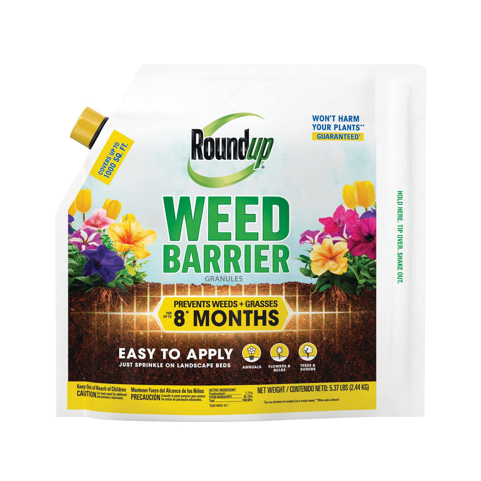 Roundup Weed Barrier Granules bag ready for easy spring use and storage.