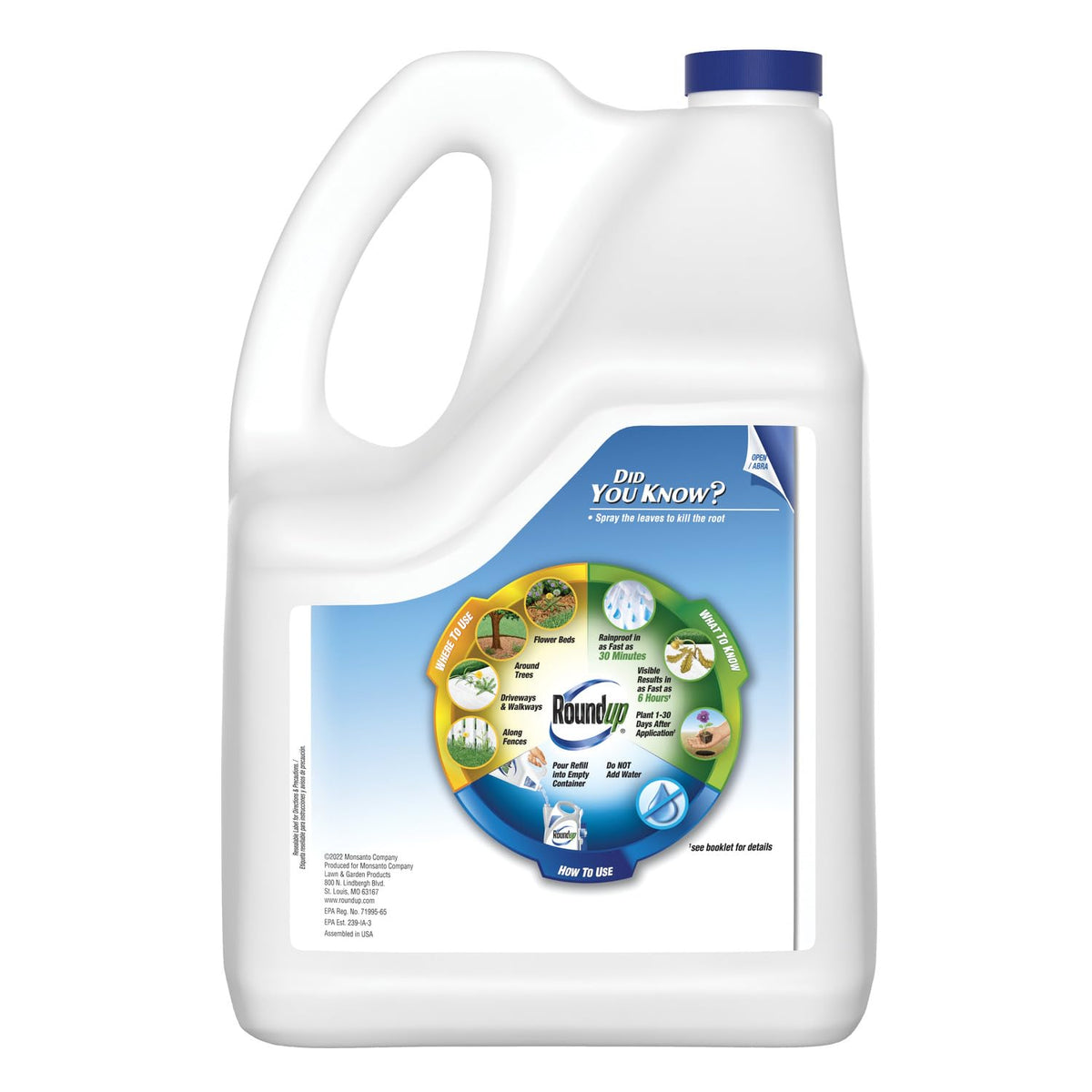 Roundup Weed & Grass Killer₄ Refill pour shows easy dispensing for spot treatments.