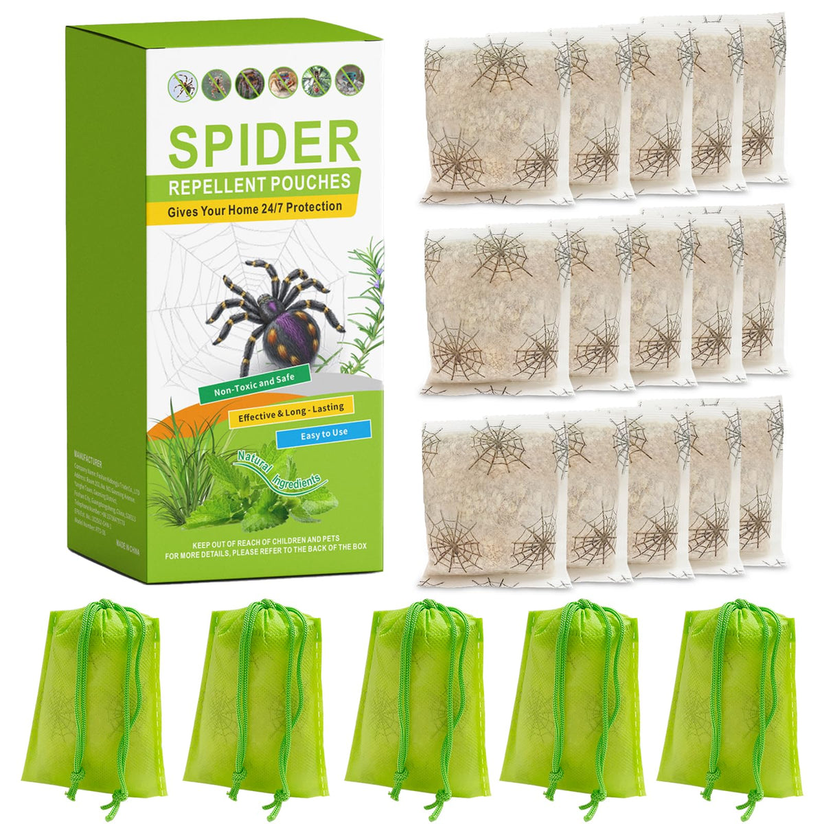 Routade spider repellent pouch in sealed bag; plant-based protection for a safer home.