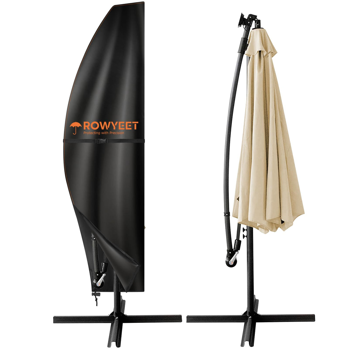 ROWYEET umbrella cover on a 9-12 ft cantilever umbrella showing snug fit.