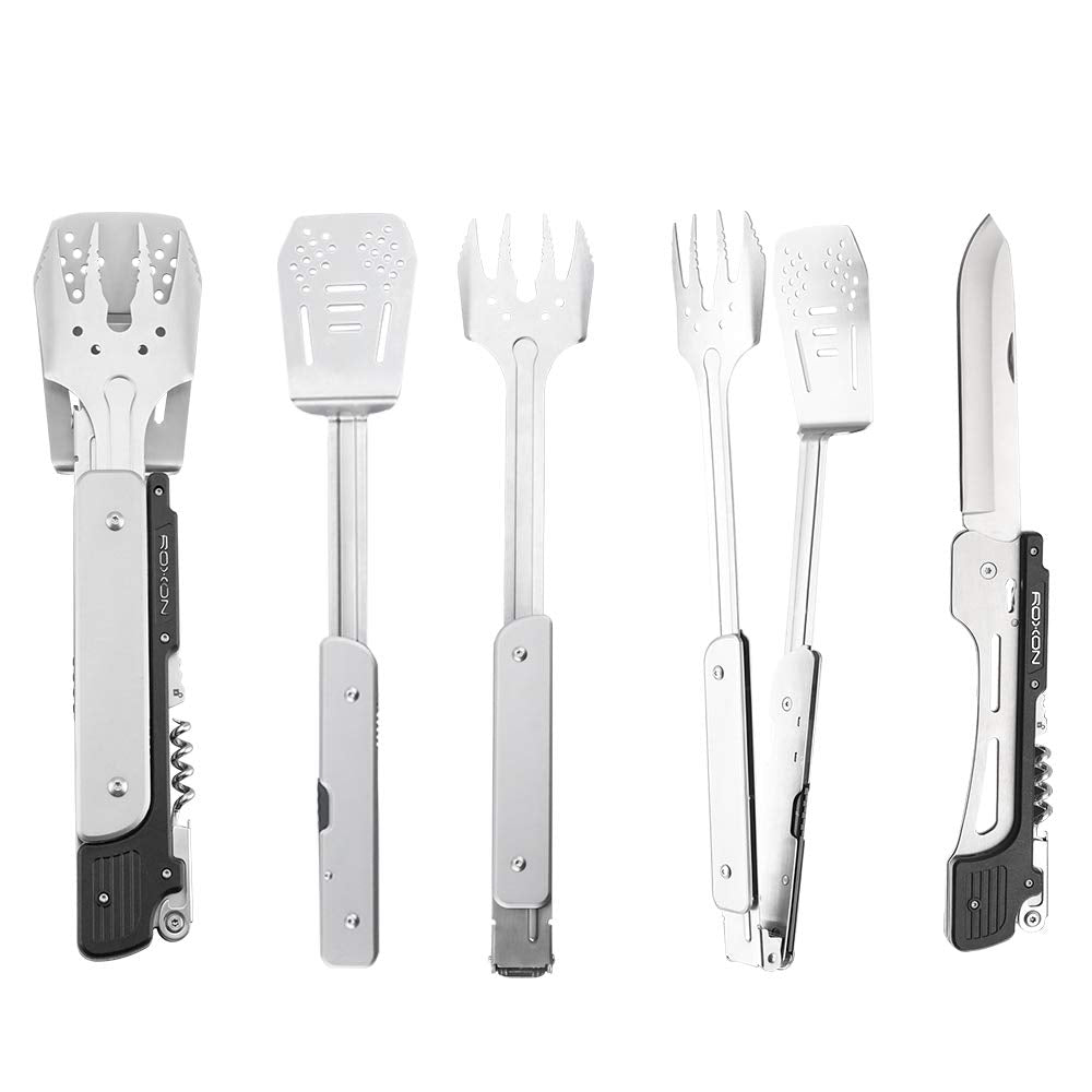 Roxon S601 folding design shows compact, portable grilling tool set.