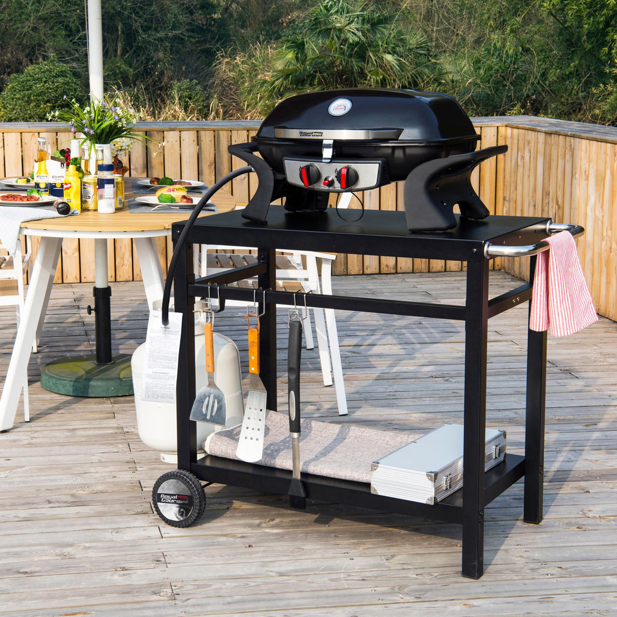 Royal Gourmet cart adapts to indoor kitchens as a portable prep island.