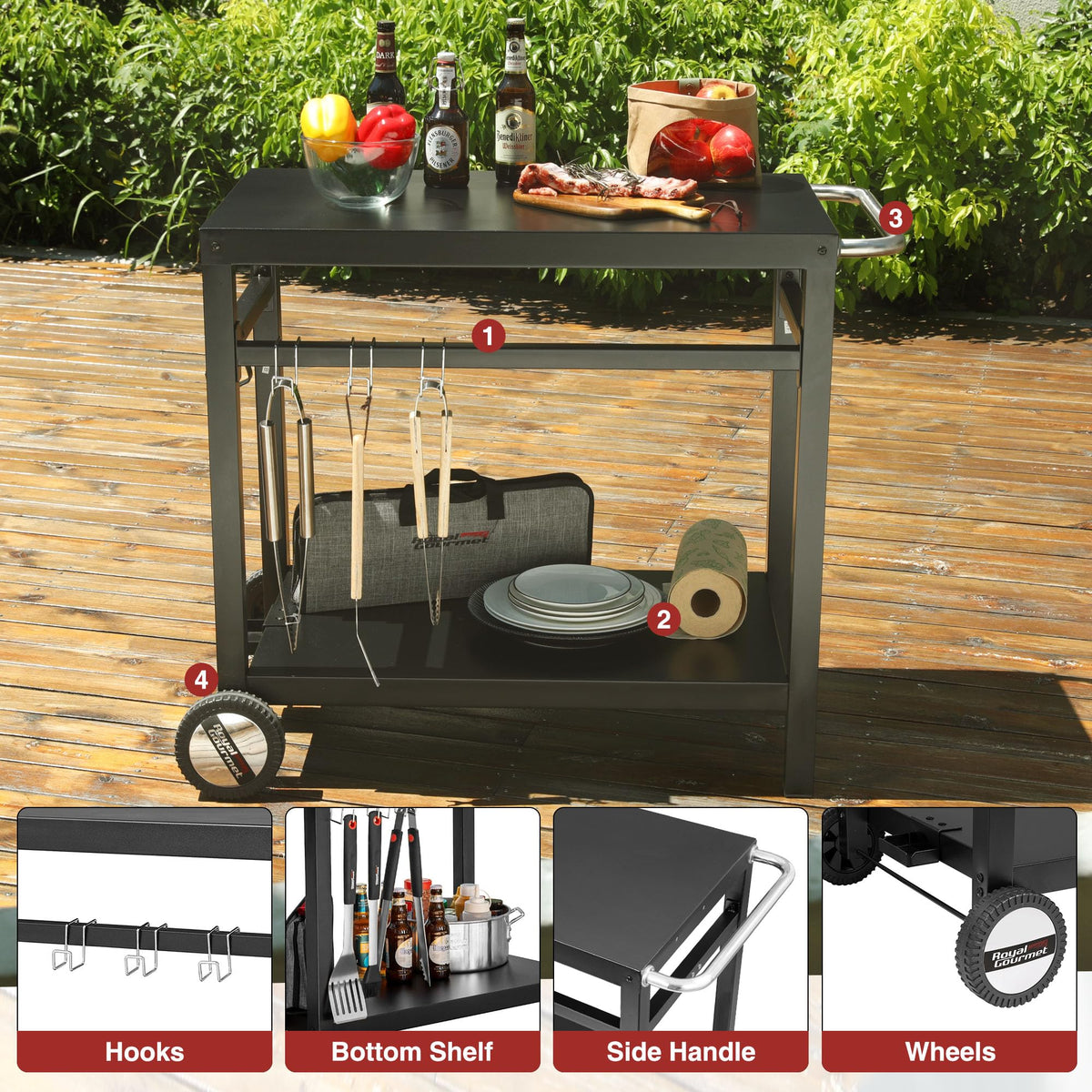 Royal Gourmet cart offers spacious shelves and tool hooks for organized BBQ essentials.
